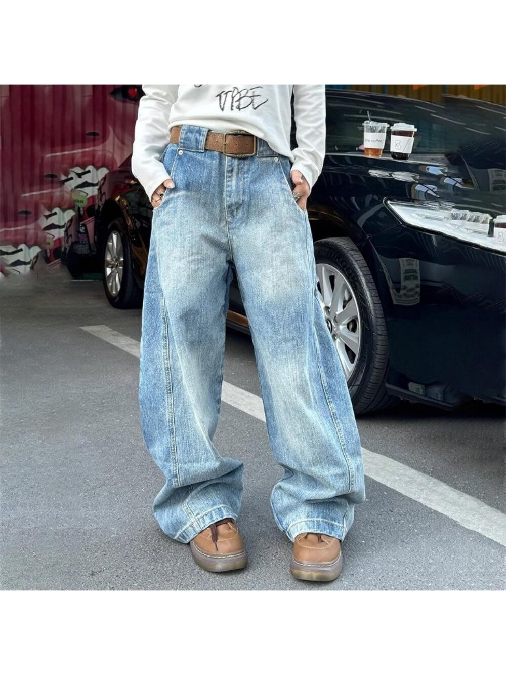 Women's Light Blue Vintage Oversized Jeans Fashion Grunge Causal Straight Leg - Picture 4 of 6